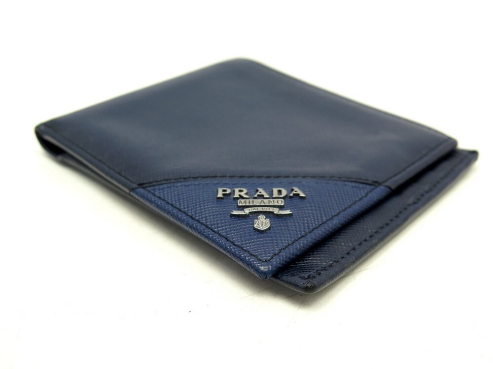 portefeuille prada en cuir saffiano bleu marine porte